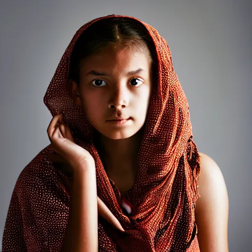 Image similar to well-lit studio portrait of 15-year old girl with wide, anxious eyes and parted lips wearing a shawl by Steve McCurry