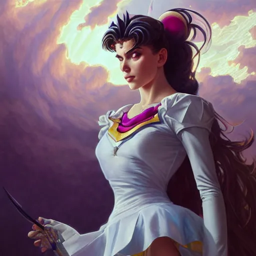 Image similar to Charlotte Casiraghi as Sailor Moon, western, D&D, fantasy, intricate, elegant, highly detailed, digital painting, artstation, concept art, matte, sharp focus, illustration, art by Artgerm and Greg Rutkowski and Alphonse Mucha