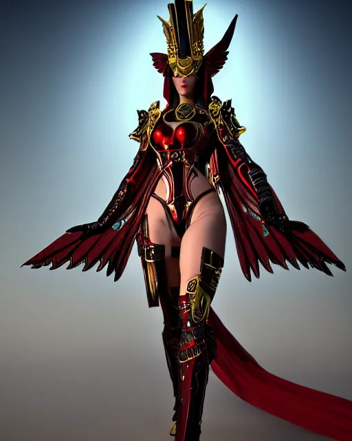 Image similar to sultry egyptian priestess wearing red dove wings, warframe armor, regal, attractive, ornate, sultry, elize theron, pretty face, blue eyes, scifi platform, 4 k, ultra realistic, epic lighting, illuminated, cinematic, black gold, art by akihito tsukushi, voidstar