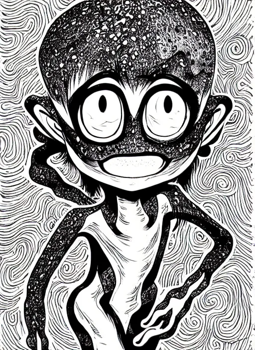 Prompt: junji ito style inkling from splatoon, splatoon, inkling, intricate, highly detailed, illustration, art by junji ito