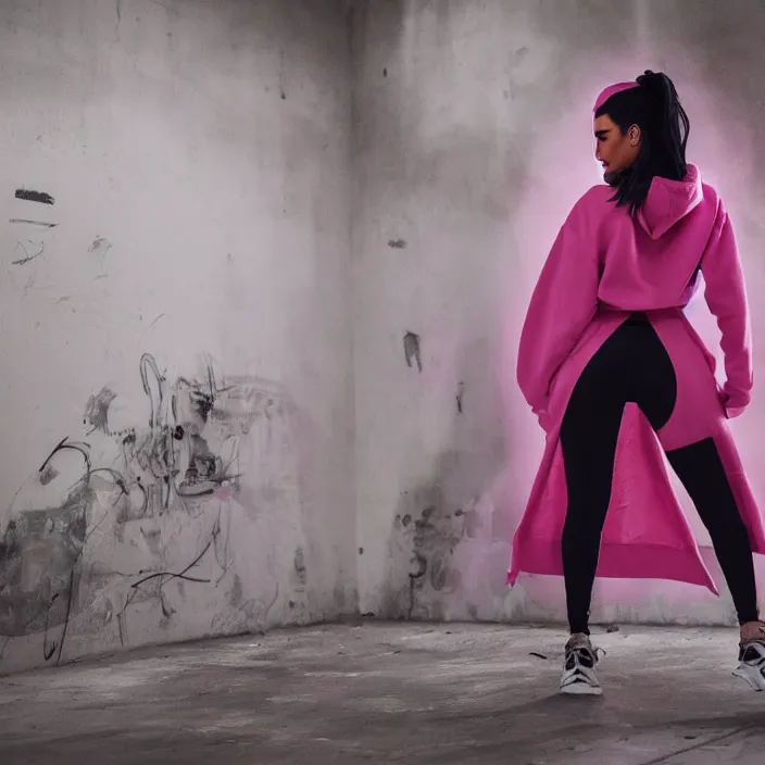 Prompt: kim kardashian doing graffiti mural in a derelict room, dust mist, rear-shot, pov from behind, very skin tight white leggings with a pink hoody with hood up, mold, intricate, epic lighting, cinematic composition, hyper realistic, 8k resolution, unreal engine 5