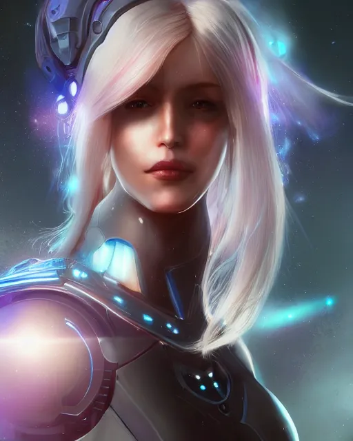 Image similar to perfect android girl on a mothership, warframe armor, beautiful face, scifi, futuristic, galaxy, nebula, raytracing, dreamy, long white hair, blue cyborg eyes, sharp focus, cinematic lighting, highly detailed, artstation, divine, by gauthier leblanc, kazuya takahashi, huifeng huang