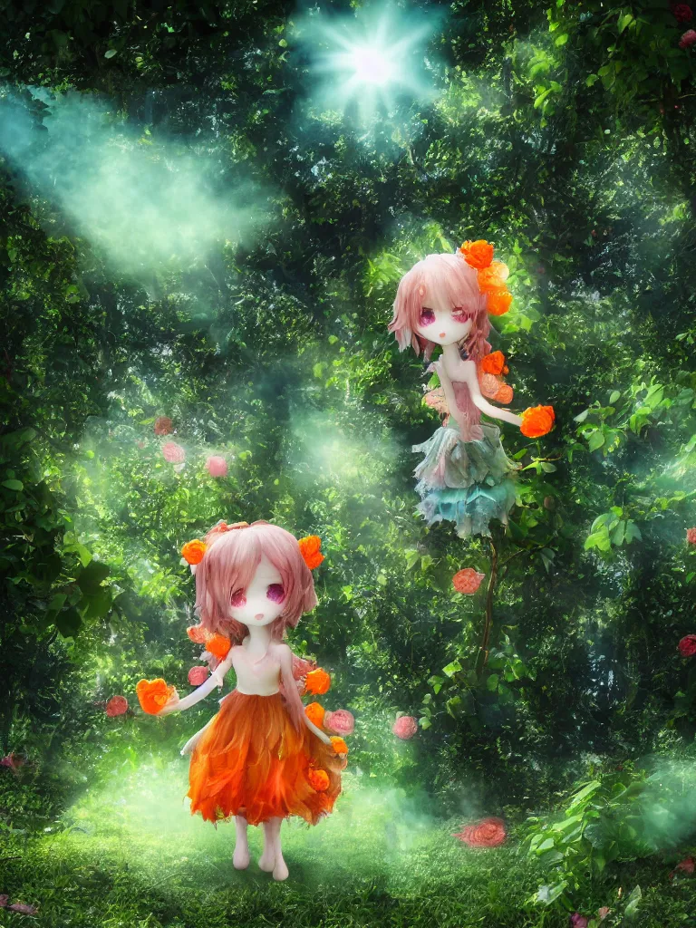 Image similar to cute fumo plush girl among vines in the middle of a lush rose garden, glowing ethereal gothic magical wraith fairy girl, tattered green dress, smoke and orange volumetric fog, blue sky sunshine and cloudless lens flare, bokeh, vray