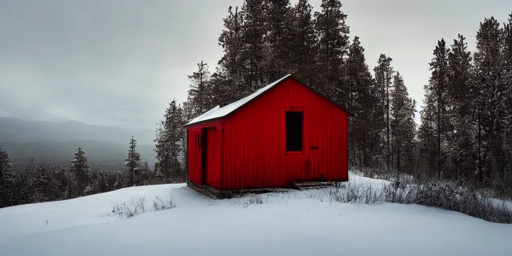 Image similar to stunning photo of landscape with an red cabin on a mountain by mikko lagerstedt