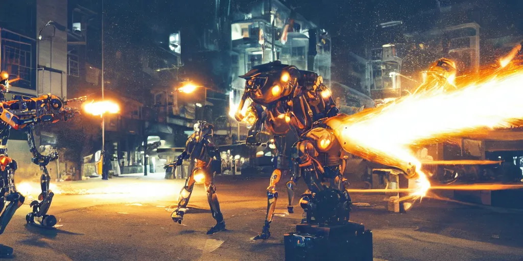 Image similar to a robot with chainsaw arms fighting a cyborg with flame throwers in downtown at night