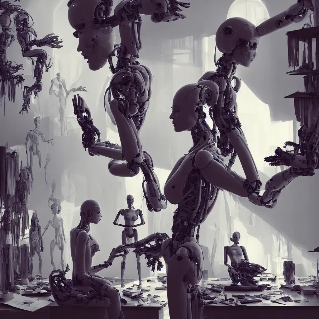 Image similar to extremely detailed cinematic movie still medium shot of supermodel girl artist working in her studio with human like robot hyperreal skin face by denis villeneuve, wayne barlowe, simon birch, marc simonetti, philippe druillet, beeple, alex grey bright volumetric sunlight, rich moody colors, bokeh