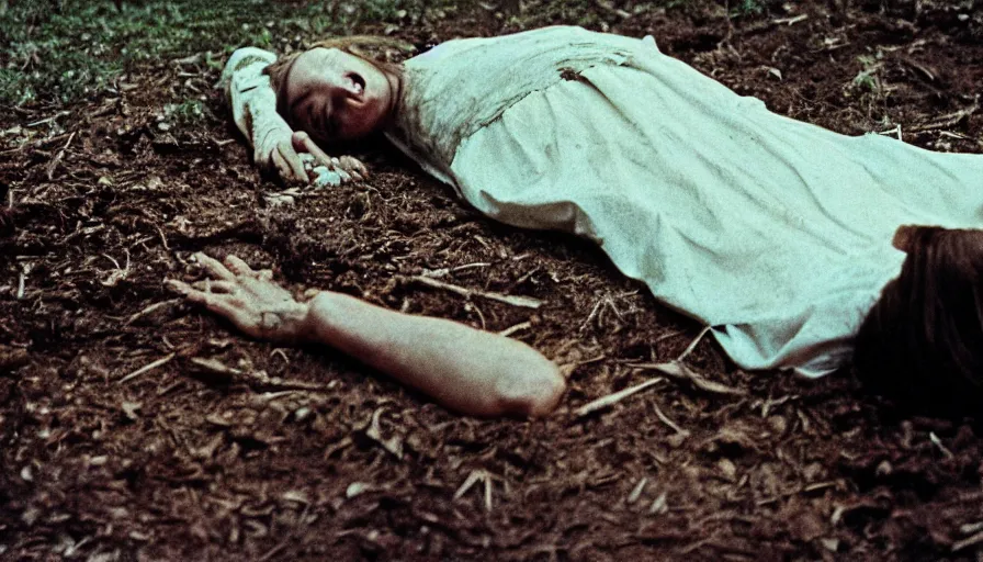 Image similar to 7 0 s film still from a horror movie about a person crawling out of a grave, kodachrome, cinecolor, cinestill, film grain, film texture, retro, cinematic, high resolution, photorealism,