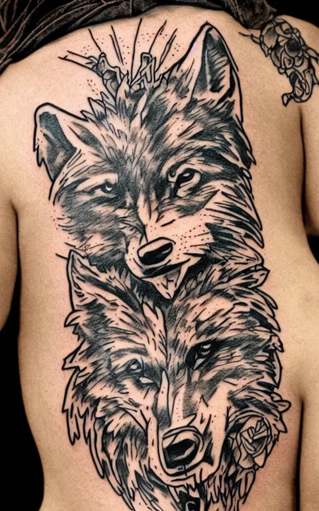 Prompt: old school flash traditional tattoo of a wolf by sailor jerry