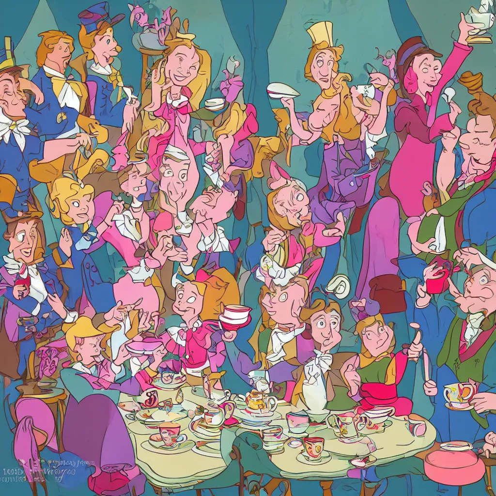 Prompt: A Tea Party were the attendants are Alice from Alice In Wonderland, Cinderella, Peter Pan and Marty Mcfly, everyone is holding a cup and enjoying the moment, 4k, digital art