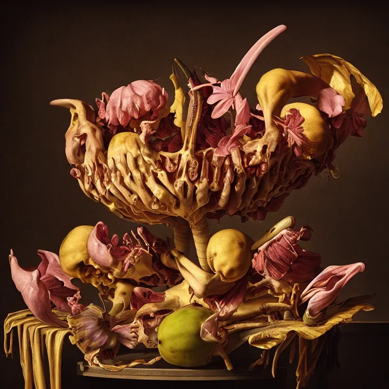 Prompt: still life of rotten flesh, beautiful tropical flowers, human spine, tropical fruit baroque painting, beautiful detailed intricate insanely detailed octane render, 8K artistic photography, photorealistic, chiaroscuro, Raphael, Caravaggio