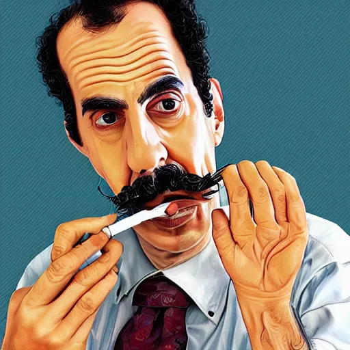 Image similar to Borat smoking a giant rolled cannabis cigarette, caricature, smoke, amazing detail, digital art, artstation