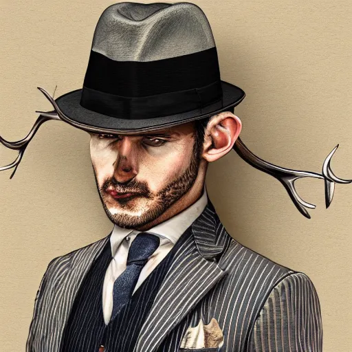 Image similar to a upper body portrait of a deer in a pinstriped suit and pants wearing a fedora with the antlers sticking out of the fedora by artgerm and wlop, intricate detail, digital art, photorealistic, trending on artstation