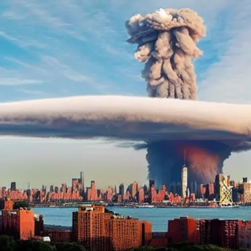 Image similar to A huge duck is destroying a New York with a nuclear explosion in the background