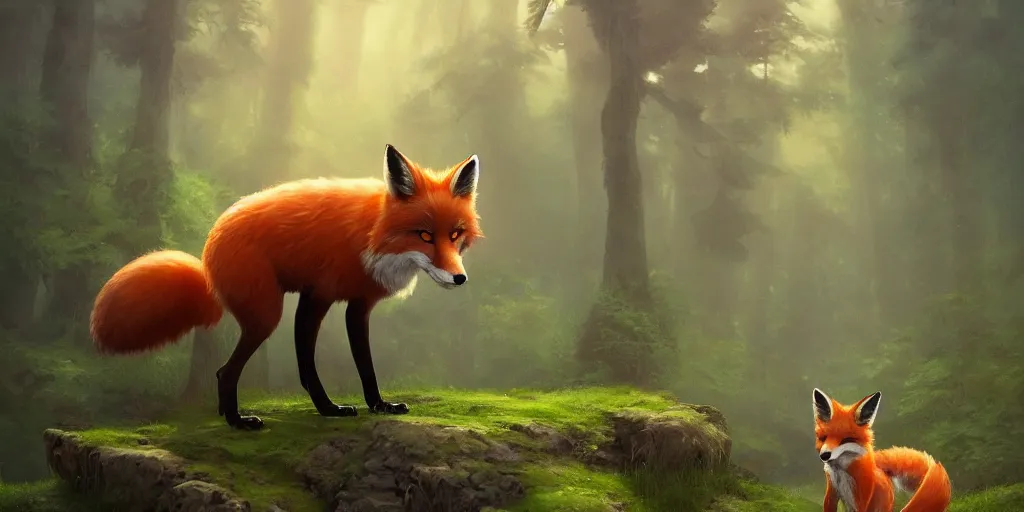 Image similar to A highly detailed matte oil painting of a fox by Studio Ghibli, by Mokoto Shinkai, hyperrealistic, cinematic, breathtaking, beautiful composition, by Artgerm, by beeple, volumetric lighting, octane render, 4K resolution, trending on artstation