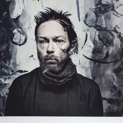 Image similar to Thom Yorke, a man with a beard and a black jacket, a portrait by John E. Berninger, dribble, neo-expressionism, uhd image, studio portrait, 1990s