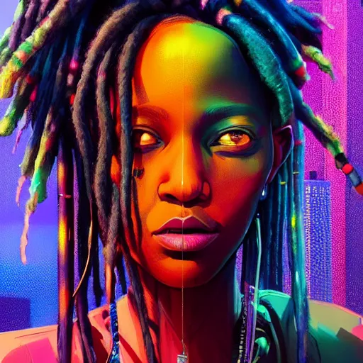 Prompt: a black girl with colorful dreadlocks sitting on top of a skyscraper in the cyberpunk city at sunset, by greg rutkowski and android jones and Alena Aenami, oil on canvas, vibrant color scheme 8k