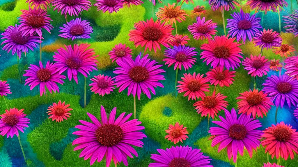Image similar to digital illustration of a forest of towering multi - colored gerber daisy megaflowers by dr. seuss, reimagined by ilm and beeple : 1 | megaflora, spectral color, electric color, rolling hills : 0. 9 | fantasy : 0. 9 | unreal engine, deviantart, artstation, hd, 8 k resolution : 0. 8