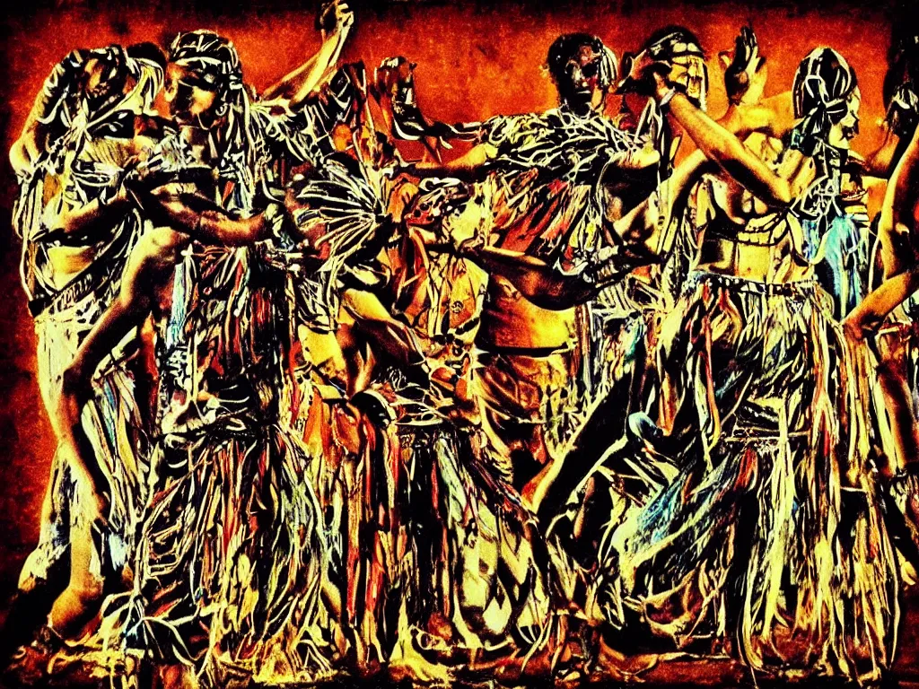 Image similar to surreal, tribal dance, art by phil tyler, dali, grunge filter effect