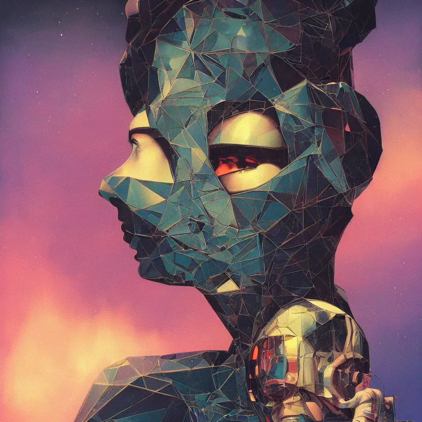 Prompt: a dark sci - fi close - up portrait of a geometric woman, colorful puffy cartoon clouds, vhs cassette cover. reflective detailed textures. gloomy lighting, black background. highly detailed fantasy science fiction painting by, moebius, norman rockwell, frank frazetta, and syd mead. high contrast. artstation