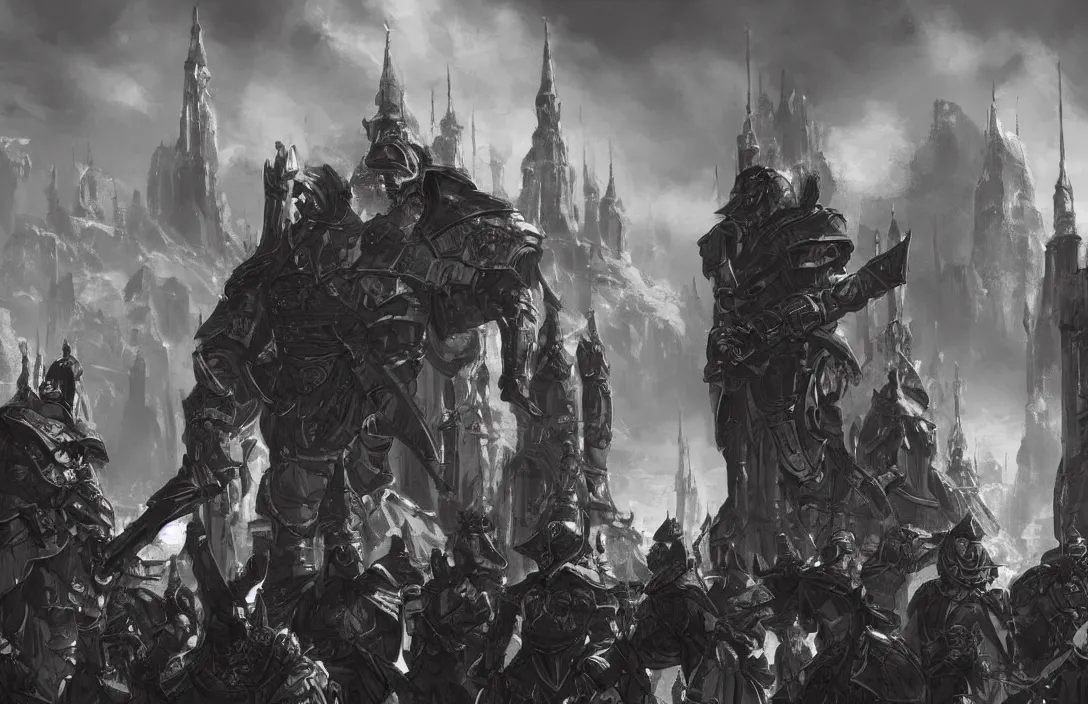 Prompt: black armoured Garlean soldiers in sci fi imperial Russia, snow capped mountains, industrial citadel black domes and spires, highly detailed beautiful concept art of an oppressive towering city, very very very clean clear digital artwork with professional composition