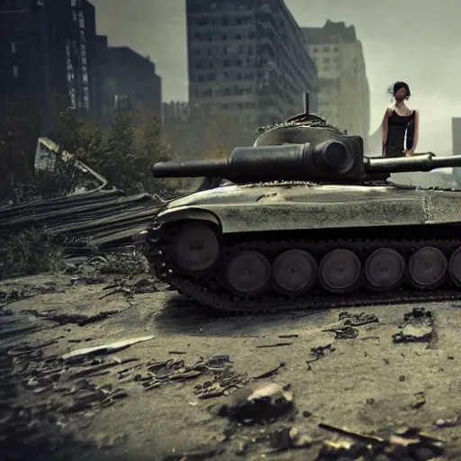 Prompt: fit 3 0 years old punk girl with short black spiky hair wearing a croptop showing underboob and sitting ontop of a ww 2 tank on a destroyed new york street, cryengine, 4 k, detailed