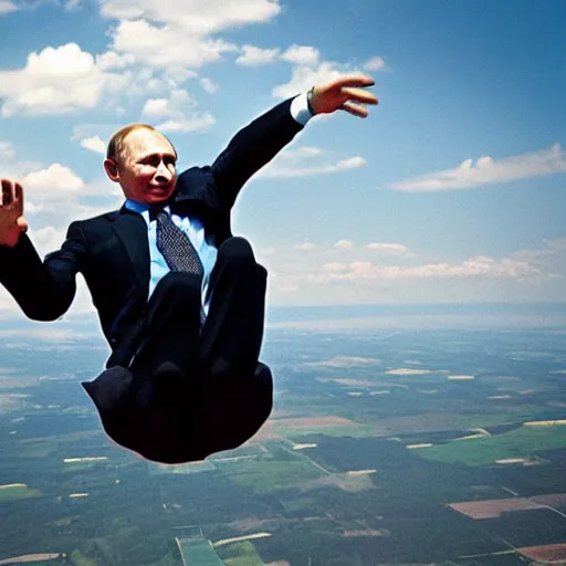 Image similar to vladimir putin jumping out of an airplane, epic movie still, professional photography