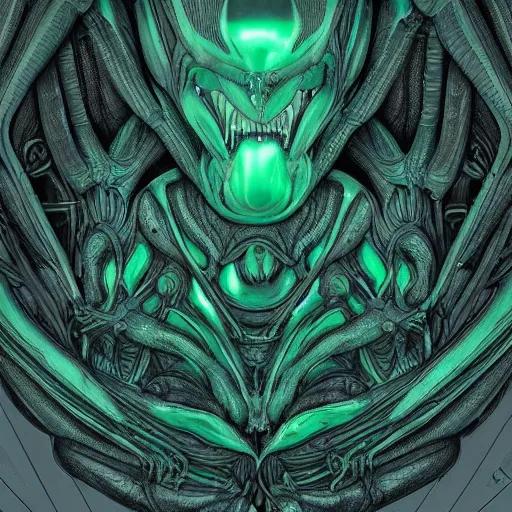 Prompt: xenomorph queen human hybrid, dragon eggs, dark emerald mist colors, giger void liminal backfill, realistic, award winning photograph, micro macro refine