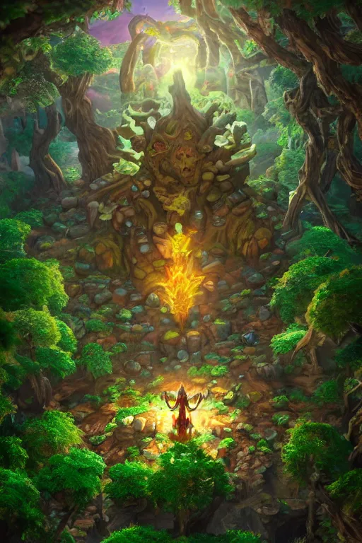 Image similar to zelda fantasy art giant golem elemental wood rock greeble gemstone enchanted forest troll, global illumination ray tracing hdr fanart arstation by sung choi and eric pfeiffer and gabriel garza and casper konefal bastion forged hardmesh lisa frank zbrush central radiating a glowing aura global illumination ray tracing hdr volume light