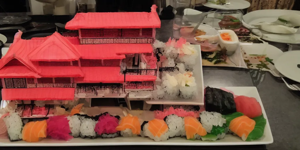 Image similar to a house made out of sushi, 4k, 35mm