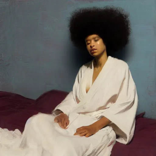 Image similar to girl with afro and angel wings, in kimono, backview, sitting on edge of bed, by jeremy lipking, tim rees, joseph todorovitch