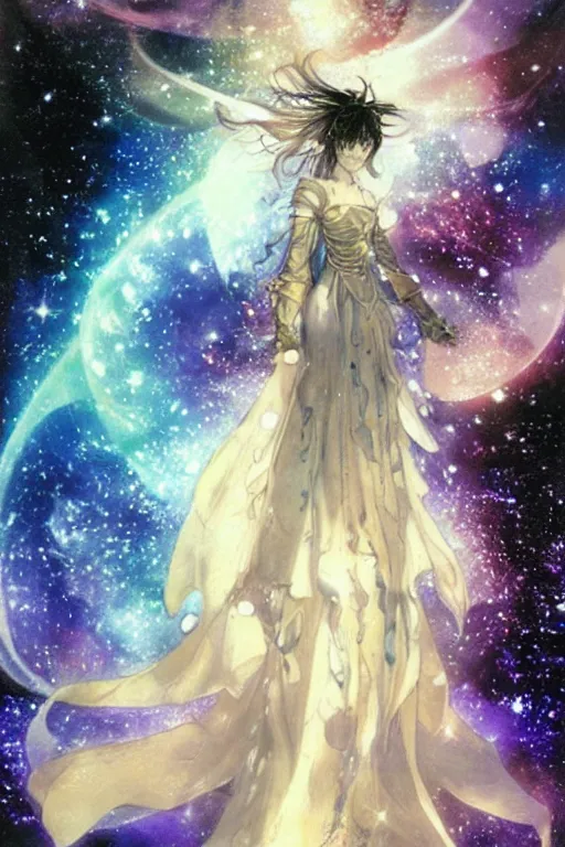 Image similar to yoshitaka amano, ethereal being woman in galaxy