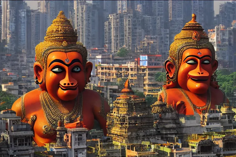 Image similar to high quality 3 d dreamscape biomorphic hanuman head building in the middle of mumbai!!, kalighat highly detailed, cinematic smooth, stephen shore & john j. park, soft morning light, wide shot, high angle, uhd 8 k, deep focus