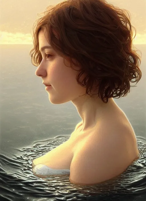 Image similar to full body portrait of a woman with short wavy hair, round face, cottagecore!!, lake water, submerged!!!, intricate, enlightened, highly detailed, digital painting, artstation, concept art, smooth, sharp focus, illustration, art by artgerm and greg rutkowski and alphonse mucha