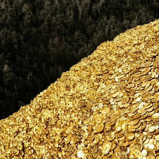 Image similar to millions of gold coins in a pile on top of a hill