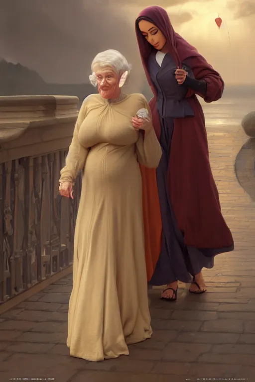 Prompt: Pete Davidson Midget Being Walked By Kim Kardashian As An Old Lady illustration, soft lighting, soft details, painting oil on canvas by Edmund Blair Leighton and Charlie Bowater octane render, HDR, trending on artstation, 4k, 8k, HD