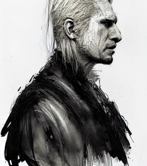 Image similar to portrait of shaven man with blond ponytail hair up wearing black robes, pen and ink, intricate line drawings, by craig mullins, ruan jia, kentaro miura, greg rutkowski, loundraw