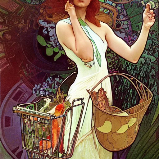 Image similar to a T-Rex going grocery shopping art by alphonse mucha and Monia Merlo and Raymond Swanland