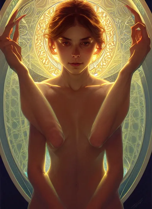 Image similar to symmetry!! portrait of water, glowing lights!! intricate elegant, highly detailed, digital painting, artstation, concept art, smooth, sharp focus, illustration, art by artgerm and greg rutkowski and alphonse mucha