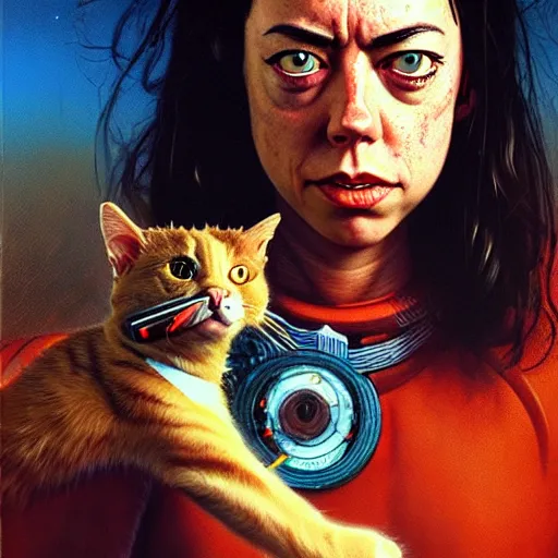 Prompt: cyborg aubrey plaza with cat, cybertronic gadgets, dirty colours, rotten textures, rusty shapes, biotechnology, bao pnan, tim hildebrandt, wayne barlow, bruce pennington, donato giancola, larry elmore, oil on canvas, denoise, masterpiece, featured on pixiv, cinematic composition, hyper - detailed, hd, hdr
