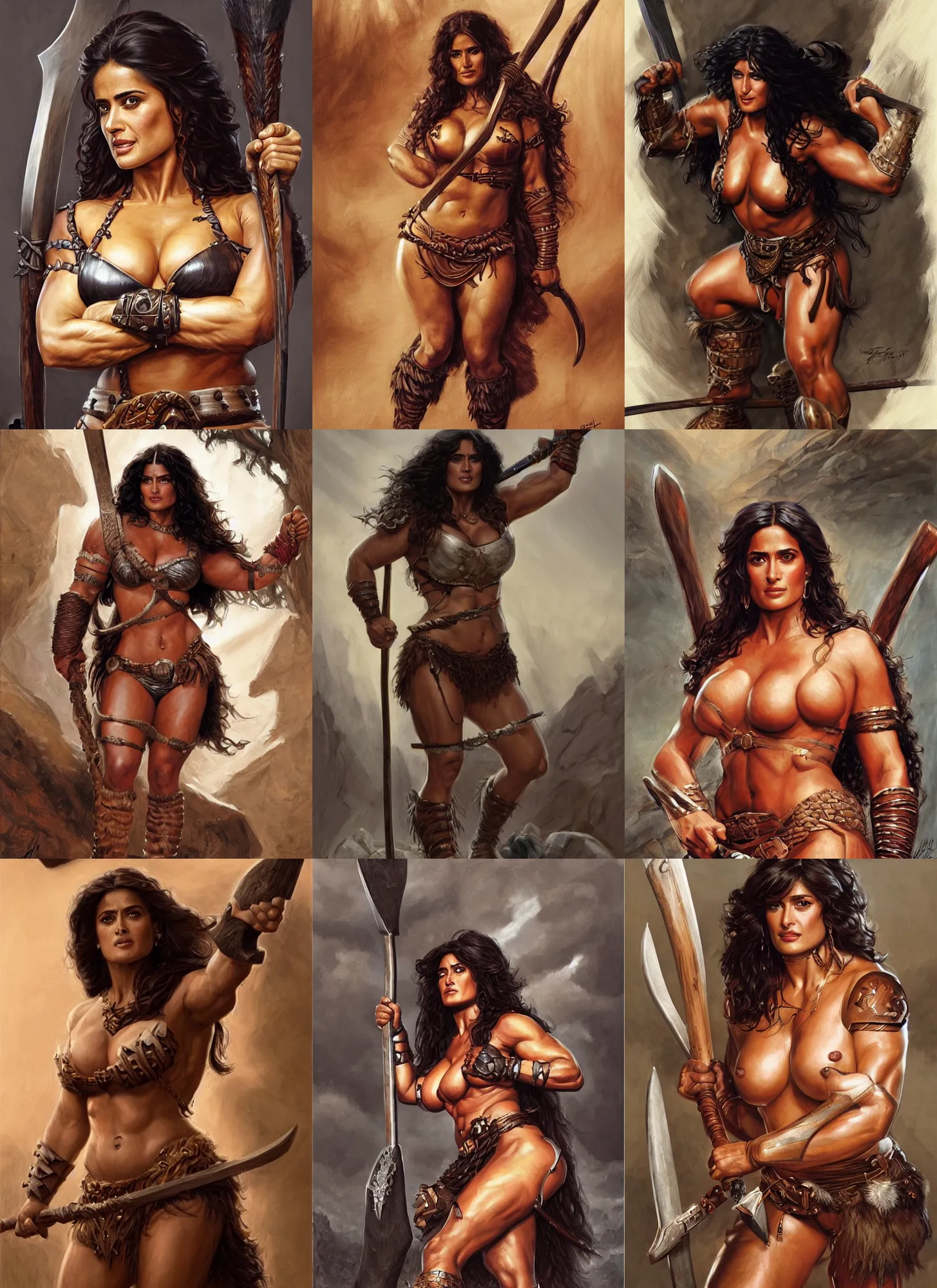 Prompt: portrait of very muscled Salma Hayek as barbarian with axe drawn ready to fight , elegant, highly detailed, centered, digital painting, artstation, concept art, artgerm, donato giancola, Joseph Christian Leyendecker, WLOP, Boris Vallejo, Artgerm
