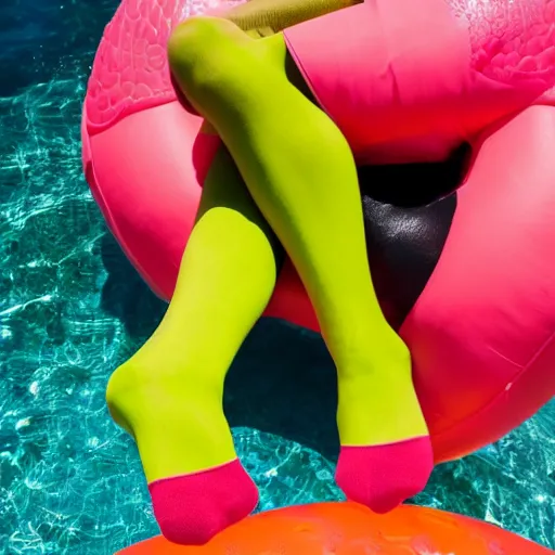 Image similar to Loki sitting on a flamingo pool float in a beautiful lake wearing colorful stockings