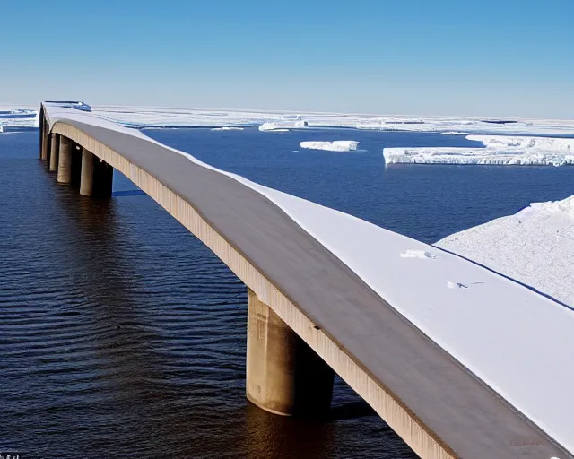 Image similar to the biggest iron concrete bridge ever built. Spanning the arctic sea, connecting two distant lands