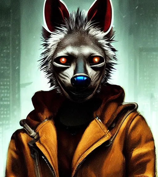 Image similar to new york city portrait icon of furry anthro anthropomorphic spotted hyena head animal person fursona wearing clothes strange cybernetic cyborg muzzle gloomy rainy screenshot from the video game cyberpunk 2077 digital art by Greg Rutkowski, Simon Stalenhag, christopher nolan trending on Artstation, CGSociety