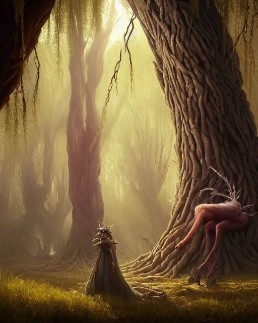 Image similar to highly detailed surreal vfx portrait of a cursed crown in a shadowy forest by a willow tree, stephen bliss, unreal engine, greg rutkowski, loish, rhads, beeple, makoto shinkai and lois van baarle, ilya kuvshinov, rossdraws, tom bagshaw, alphonse mucha, global illumination, detailed and intricate environment