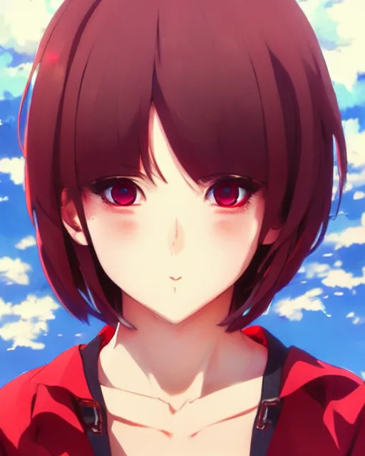 Image similar to beautiful anime woman, wearing full clothing red shirt brown pants, black and red hair hair, galaxy eyes, clockpunk, symmetrical face, symmetrical eyes, full round face, short smile, detailed, summer setting, cinematic lighting, makoto shinkai, artgerm, ilya kuvshinov, loish