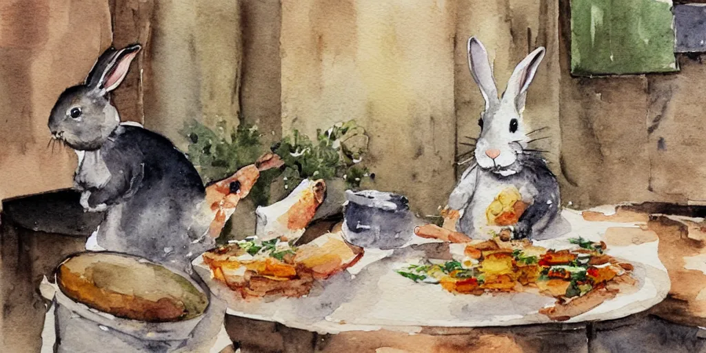 Prompt: a rabbit cooking food inside a french cozy kitchen, realistic watercolour