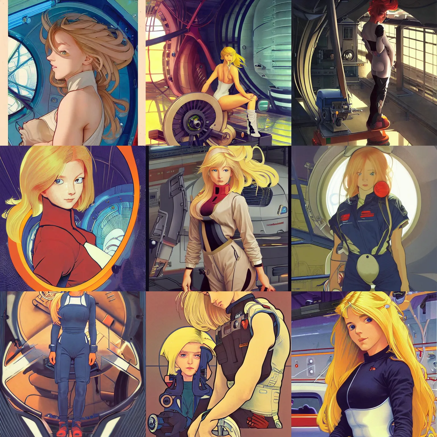 Prompt: a mechanic working in a busy starship hanger, retrofuturism, finely illustrated face, long blonde hair, bodysuit, highly detailed, colored pencil, gainax, tankobon, in the style of ilya kuvshinov and yoshiyuki sadamoto and william - adolphe bouguereau and alphonse mucha