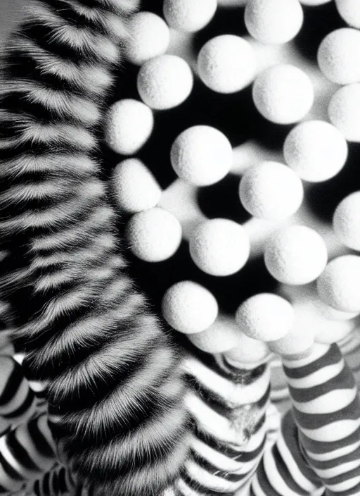 Image similar to realistic object photo of body made of black and white ping pong balls, hairy fluffy caterpillars, readymade, dadaism, fluxus, man ray, x - ray, electronic microscope 1 9 9 0, life magazine photo