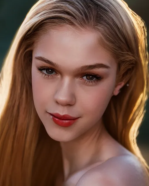 Prompt: Beautiful Head and shoulders portrait of smiling flirty Nicola Peltz with straight long blonde hair, wearing a camisole by alberto Vargas, arney freytag, artstation, 35mm, fashion photoshoot, posing on the beach, golden hour, bokeh, rim lighting, fashion pose, octane, 4k