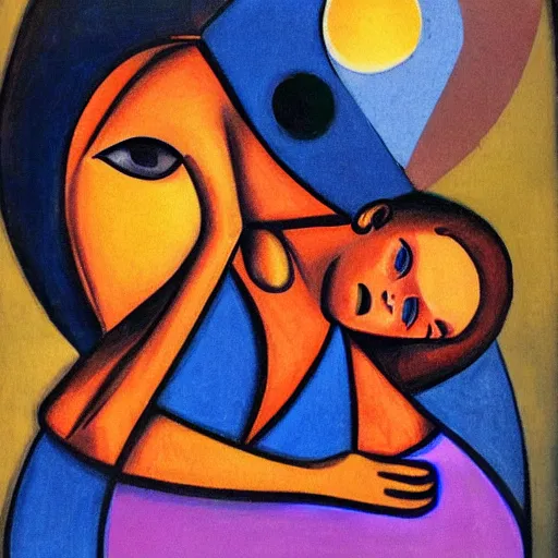 Image similar to woman hugs a child in the moonlight protecting him from the gathering storm, high quality art in the style of cubism and georgia o’keefe,